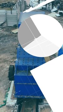 Animation of data processing on graphs and charts over industrial construction site