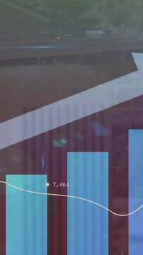 Animation of statistics and data processing with arrow over cityscape