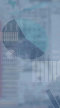 Animation of graphs and charts processing data over modern cityscape