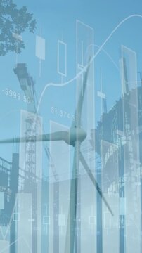 Animation of statistical data processing over spinning windmill against construction site