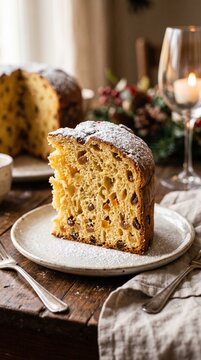 Slice of traditional fruitcake with dried fruits and nuts on a festive table