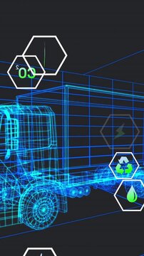 Animation of multiple digital icons over 3d truck model moving in seamless pattern in a tunnel