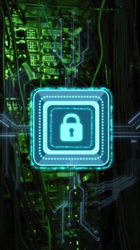 Animation of padlock icon, circuit board and data processing over computer servers
