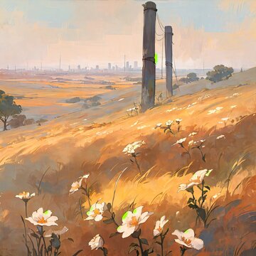 Golden hillside with white wildflowers and utility poles watercolor