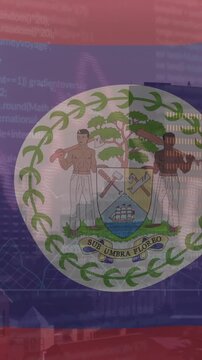 Animation of flag of belize with data processing over cityscape