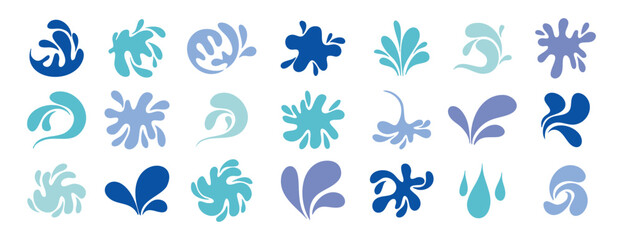 Fototapeta premium Blue watercolor doodle drops and splashes with fluid shapes hand drawn