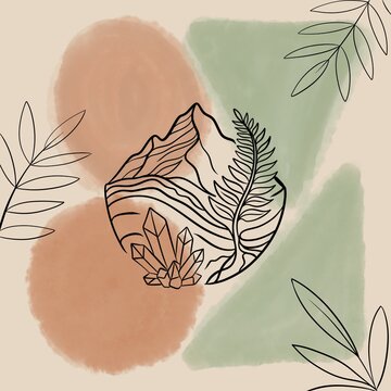 Earth Element Line Art Icon Mountain Crystals Fern on Boho Pastel Background