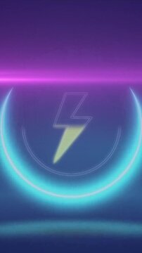 Animation of neon circle with lightning icon on blue background