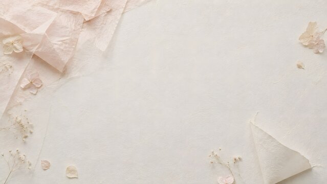 Flat lay background with delicate pink silk fabric, dried hydrangea petals, and babys breath flowers on a textured offwhite surface