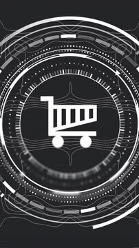 Shopping cart icon with digital interface animation over abstract geometric background