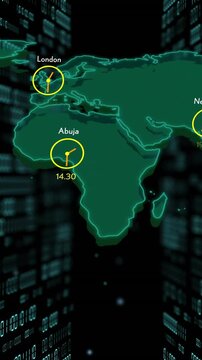 World map with city times animation over binary code background