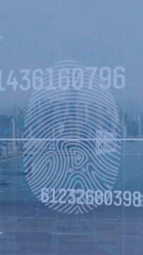 Animation of biometric fingerprint and data processing over cityscape