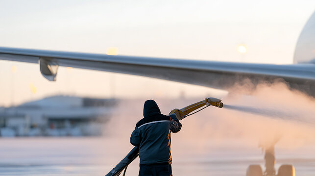 Ground crew worker apply deicing fluid on commercial airplane wing before winter flight departure on airport tarmac during cold morning hour