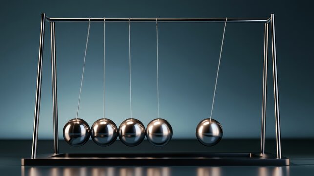 Realistic Newton's Cradle with chrome spheres illustrating balance, motion, and physics in 3D vector style.