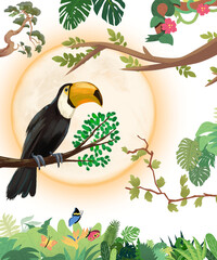 Toucan bird sitting on a tree branch illustration © Rana