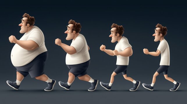 Stages of weight loss showing an overweight man exercising to achieve a slimmer physique. 