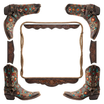 Western cowboy boot corner frame with floral embroidery and leather rope border design