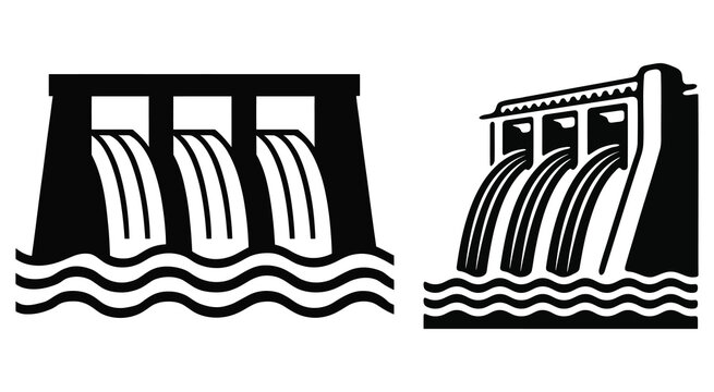 Black and white dam icons. Hydroelectric power plant, water dam, waterfall, floodgate, liquid flow. Engineering, power, water control vector set.