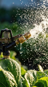 Automatic irrigation device: sprinkle water, nourish crop, hydrate plant, foster growth, freshen foliage, distribute moisture, sustain farm, wet soil, spray droplet.