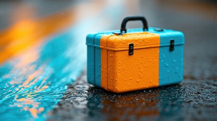 Obraz premium Emergency kit case on wet glossy pavement with blue and amber reflections