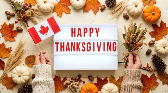 A festive flat lay composition celebrating thanksgiving day in canada with a light box message surrounded by autumn leaves and small decorative pumpkins
