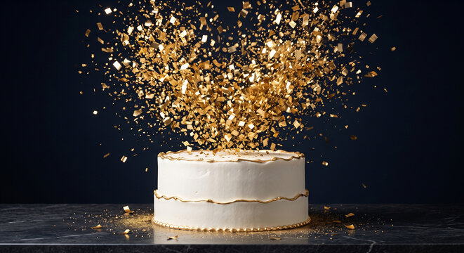 Elegant white two-tier cake with gold edges exploding with golden confetti against a dark background. Perfect for celebrations and parties.