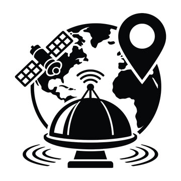 Global Satellite Navigation System, Earth GPS Location Pin, and Communication Antenna Icon Set. Digital Technology and Worldwide Connectivity Vector.