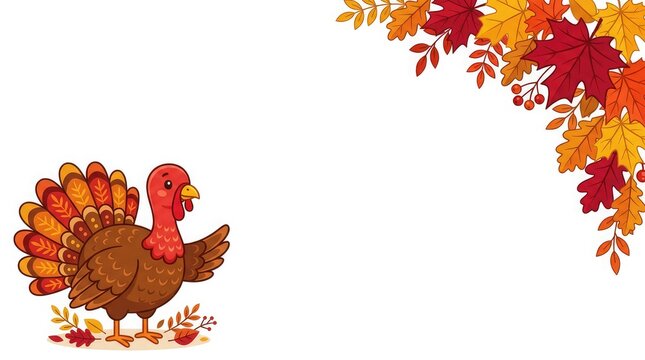 A festive watercolor illustration featuring a cute turkey and vibrant autumn maple leaves perfect for celebrating the holiday of thanksgiving day in canada