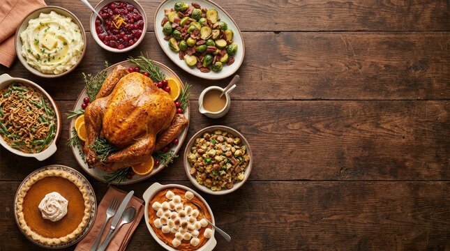 A delicious roasted turkey dinner served with various traditional side dishes for a festive thanksgiving day in canada celebration on rustic wooden table