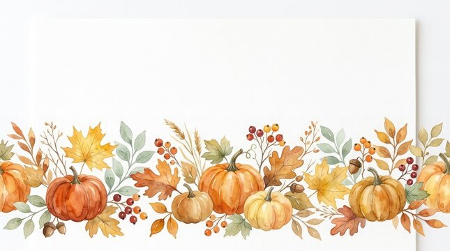 A beautiful watercolor border featuring pumpkins and autumn foliage perfect for celebrating the festive spirit of thanksgiving day in canada with seasonal harvest