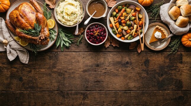 A delicious festive dinner spread featuring roasted turkey and traditional side dishes prepared for celebrating thanksgiving day in canada on a wooden table