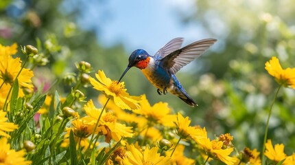 Fototapeta premium Vivid hummingbird in mid-flight collecting nectar from bright yellow wildflowers in nature