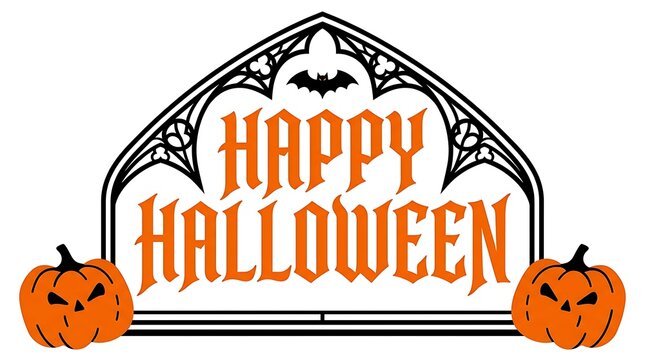 Happy halloween text design with gothic arch frame bat silhouette and carved jack o lantern pumpkins. JPEG