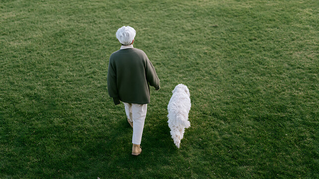 An elderly person and a white dog walk together on green grass in a park during a peaceful afternoon outdoor exercise session in nature