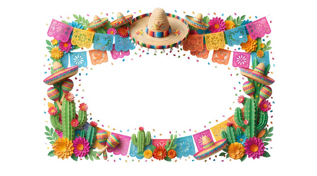 Colorful mexican fiesta frame with cactus flowers and sombrero hats for celebration party invitation