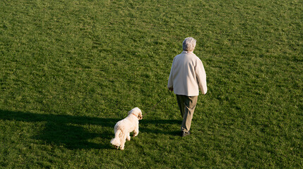 Fototapeta premium An elderly person and a cute white dog, canis lupus familiaris, stroll across a lush green meadow during a peaceful afternoon outdoors