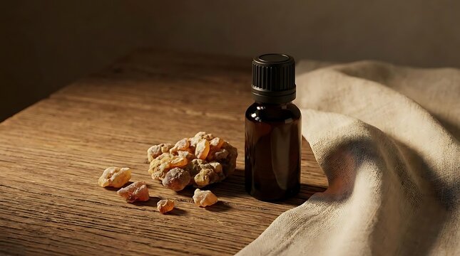 Cistus essential oil in a dark amber glass bottle next to raw organic resin pieces on a rustic wooden table with a soft linen cloth for aromatherapy