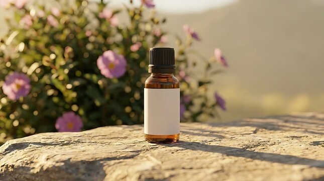 A small amber bottle of cistus essential oil with a blank white label sitting on a textured natural rock in front of blooming pink flowers at sunset