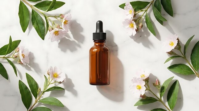 A brown glass dropper bottle containing cistus essential oil placed on a white marble background surrounded by fresh wild rockrose flowers and green leaves