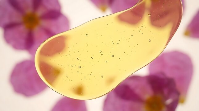 A close-up view of a golden drop of cistus essential oil floating against a soft-focus background of delicate purple rockrose flower petals in spring