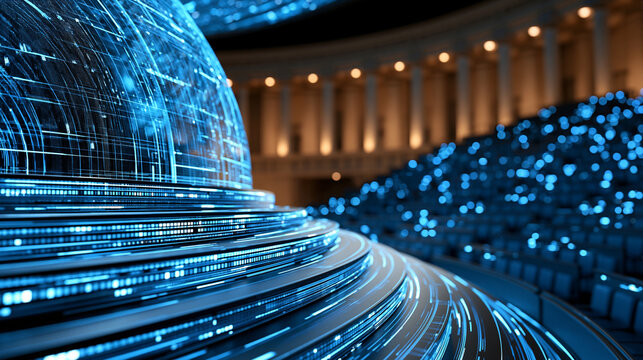 Government chamber with digital screens displaying abstract legislative data, digital government, policy making, parliament, legal technology, public administration, innovation,