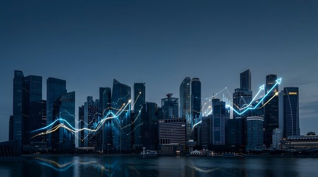 Glowing financial growth charts with upward arrows overlaid on a dark blue singapore city skyline at twilight, reflecting in the water