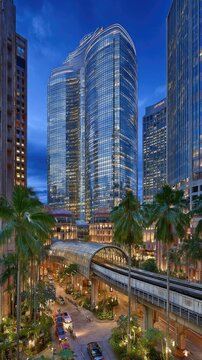 Modern Cityscape with Skyscrapers, Elevated Train, and Palm Trees at Dusk