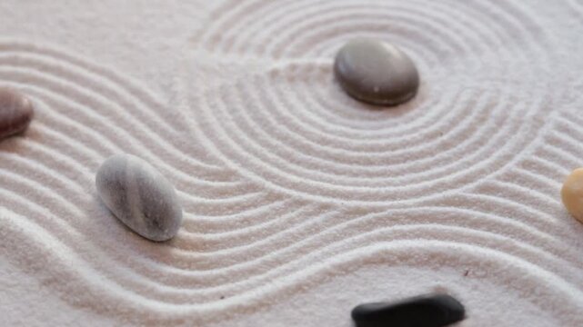 Zen garden with white sand and stones