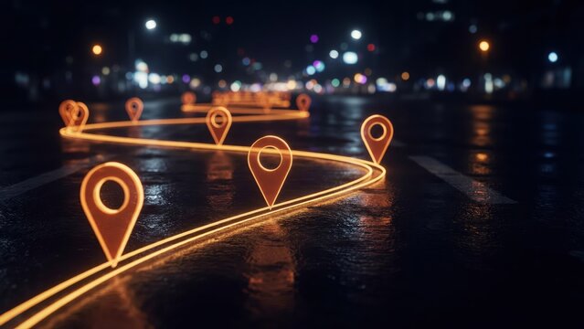 Glowing GPS map pin icons line a wet city street at night with bokeh lights. Navigation and logistics concept for delivery and tracking applications.