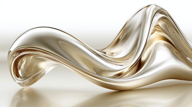 Reflective liquid metal wave forming with gold and silver surfaces, fluid curves and mirror highlights, futuristic abstract sculpture on glossy floor, bright studio lighting creating premium mood
