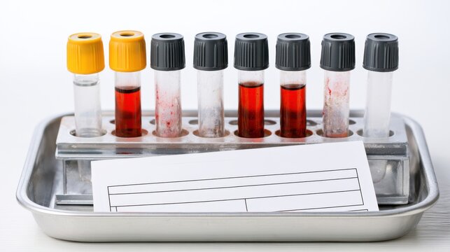Blood tubes on metal tray with visible red serum and handwritten label card, organized specimen layout for phlebotomy handoff, clinical processing ready for analysis and chain of custody documentation