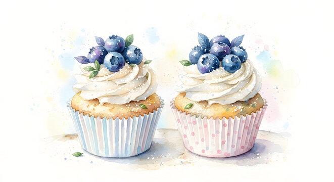 Watercolor Cupcakes with Fresh Blueberries