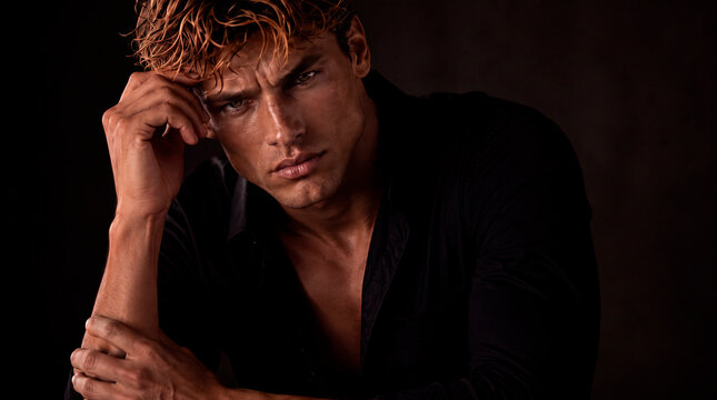 Dramatic editorial-style portrait of a handsome blond man in a black shirt, leaning forward with his hand resting against his temple and looking directly at the camera. Warm low-key studio lighting hi