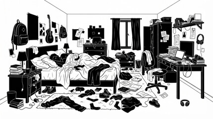 Fototapeta premium Black and White Illustration of a Very Messy Teen or College Bedroom